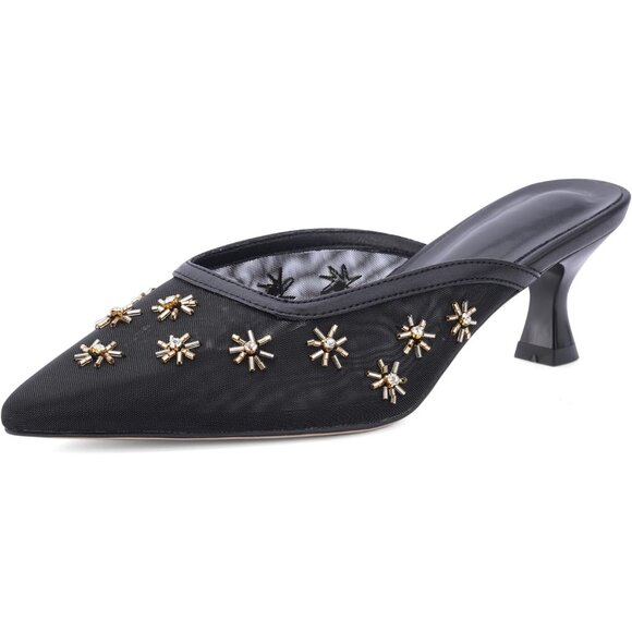 🆕Women Black Mesh Kitten Heel Mules Crystal Flower Pointed Toe Casual Pumps - Picture 1 of 7